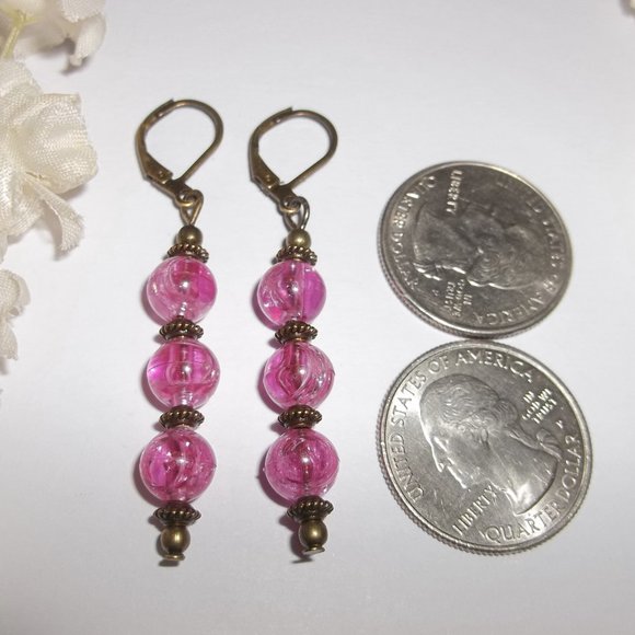 Boho Earrings Fashion Accessory Jewelry Pink and Bronze Gift Idea for Her 6935 - Picture 2 of 7